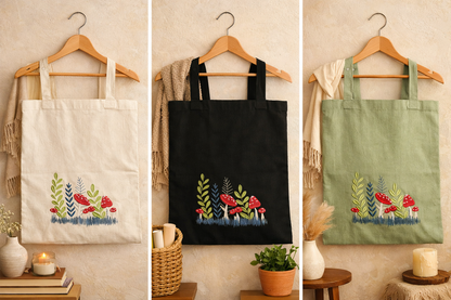 Mushrooms & Wildflowers Embroidered Cotton Shopper