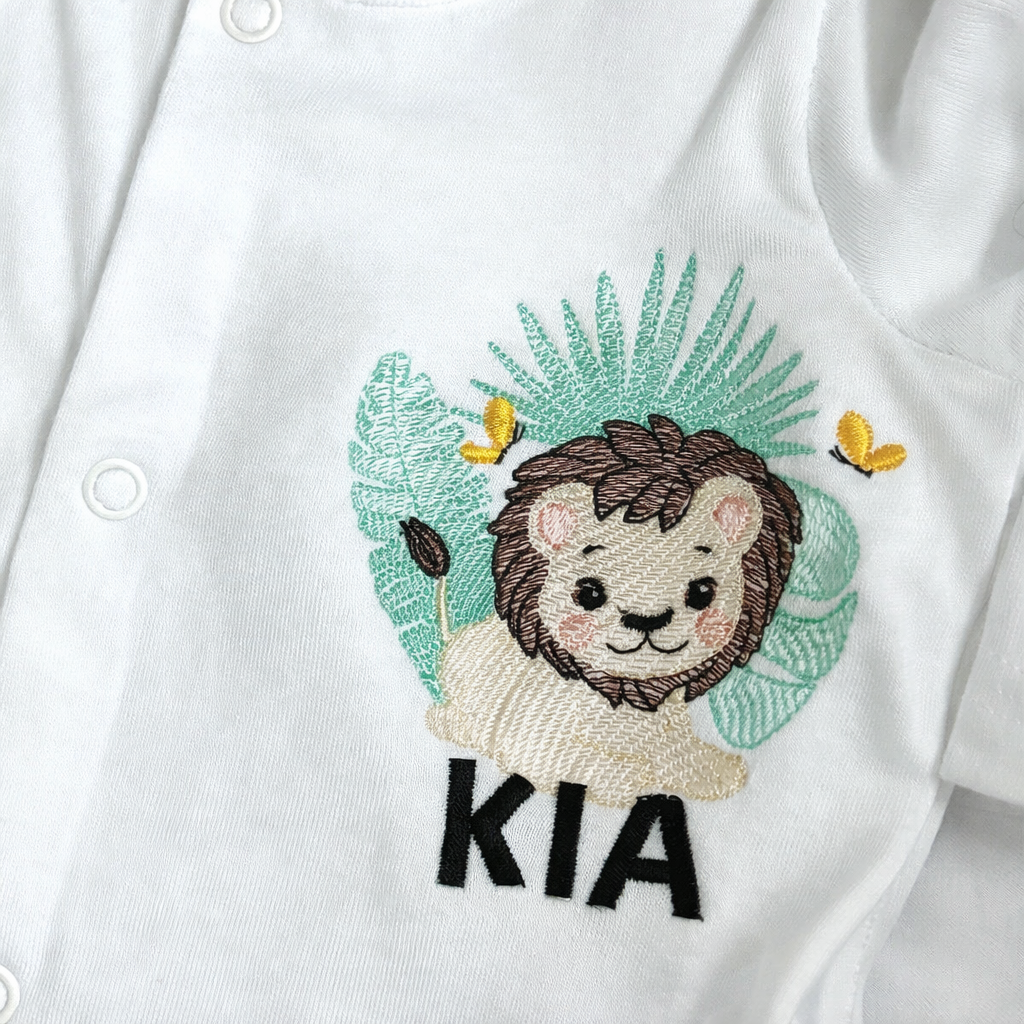 Rebel Needleworks safari lion embroidered personalised sleepsuit - custom baby gift UK
