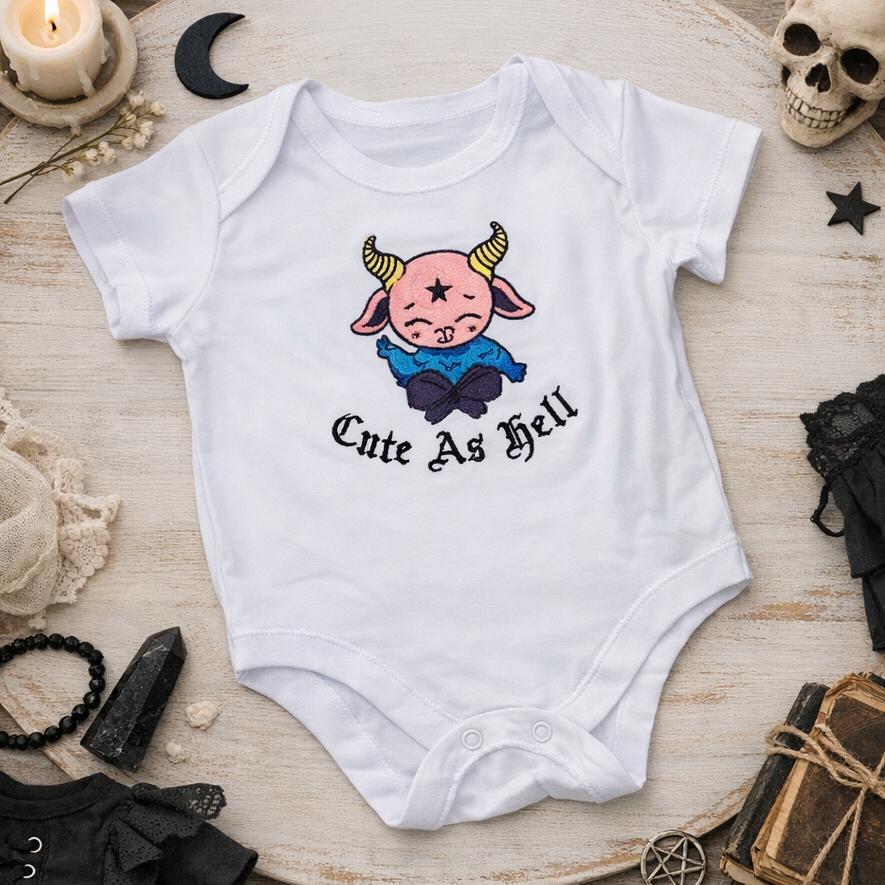 Cute As Hell embroidered baby grow by Rebel Needleworks - alternative gothic personalised baby gift UK