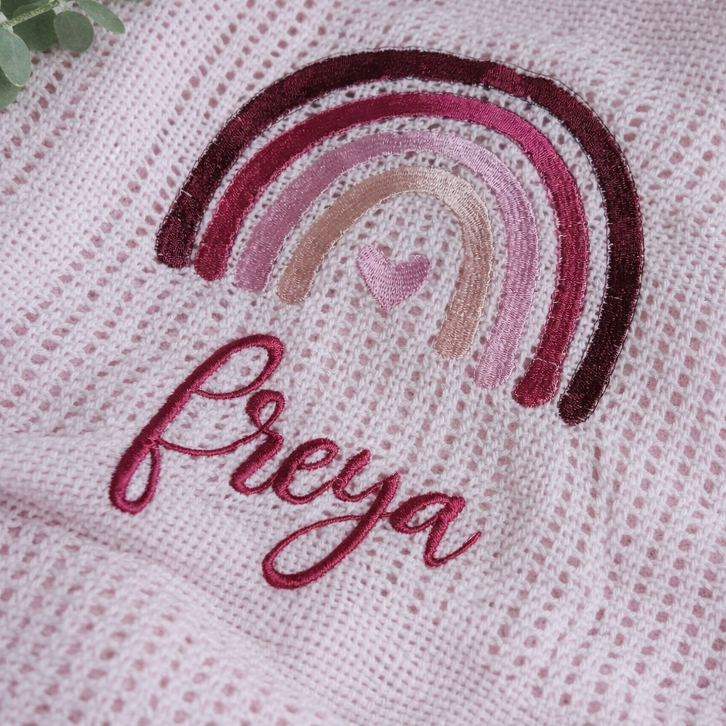 Rebel Needleworks personalised boho rainbow baby blanket - custom embroidered newborn gift UK