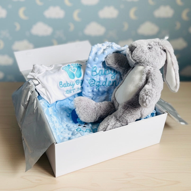 Custom personalised baby gift set by Rebel Needleworks - embroidered newborn gift box UK