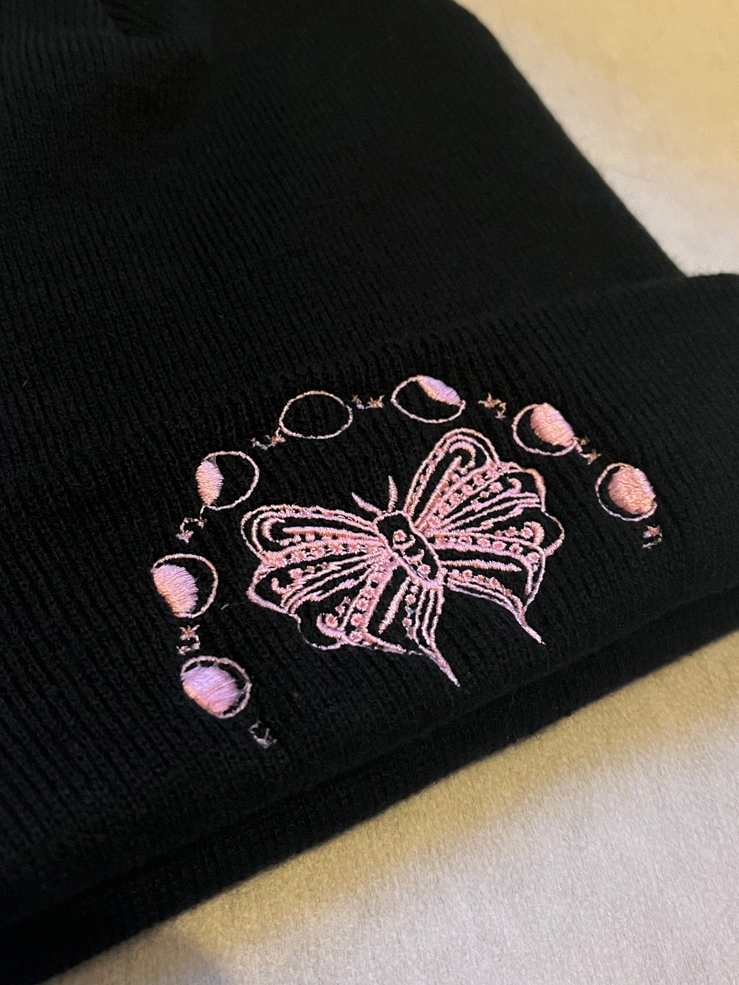 Moth & Phases Of The Moon Embroidered Black Beanie Hat