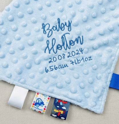 Custom embroidered name taggy comforter by Rebel Needleworks - personalised baby gift UK