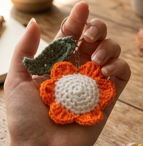 Rebel Needleworks handmade crochet flower keyring - floral bag charm accessory UK