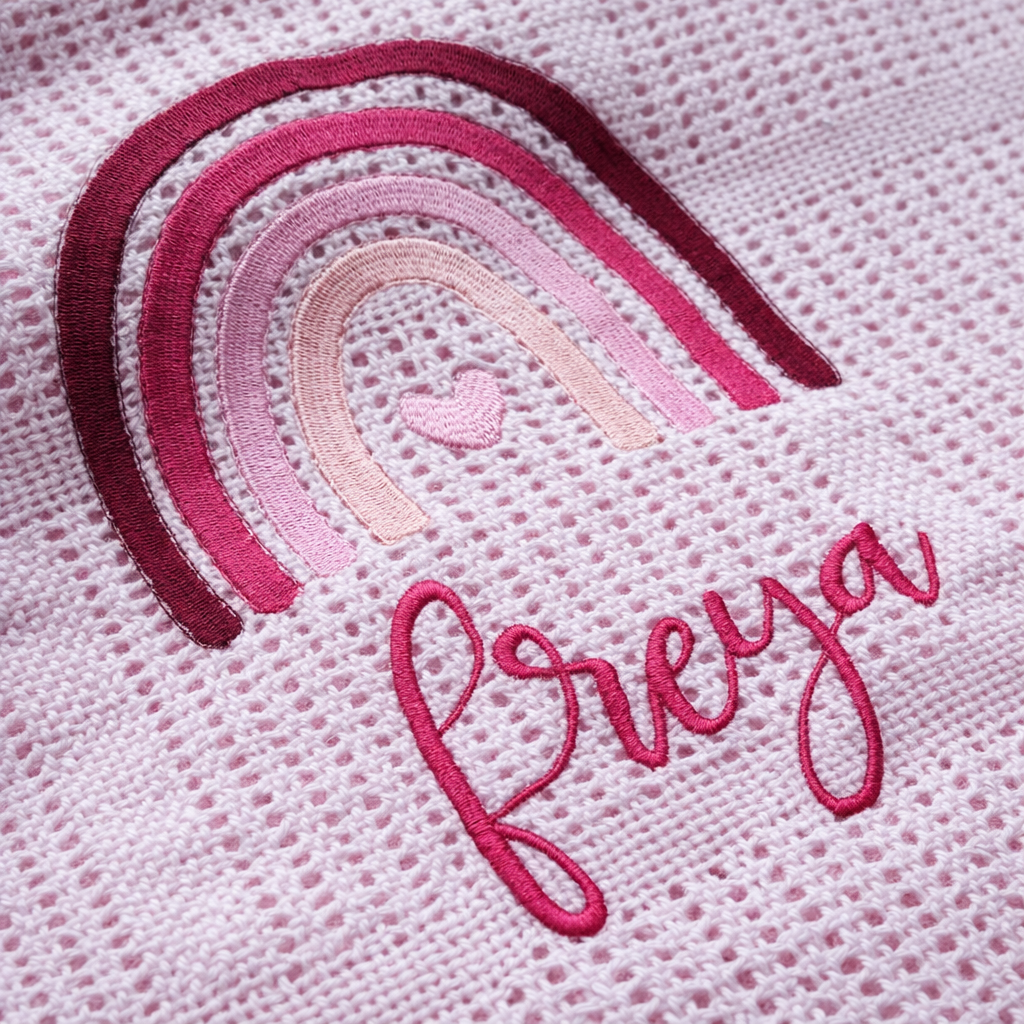 Boho rainbow personalised baby blanket by Rebel Needleworks - custom embroidered gift UK