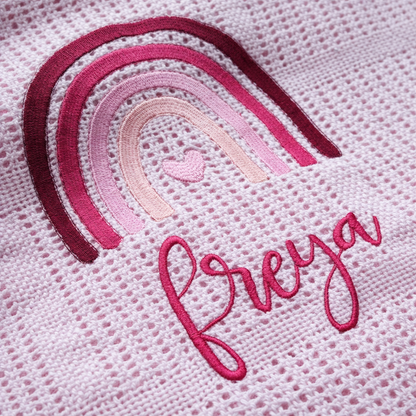 Boho rainbow personalised baby blanket by Rebel Needleworks - custom embroidered gift UK