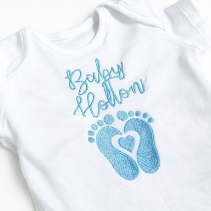 Custom embroidered name footprint baby grow by Rebel Needleworks - personalised baby gift UK
