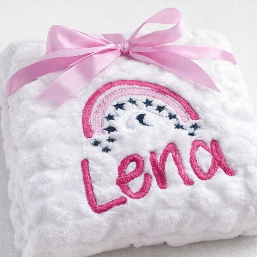 Personalised embroidered marshmallow blanket by Rebel Needleworks - custom baby name blanket gift UK