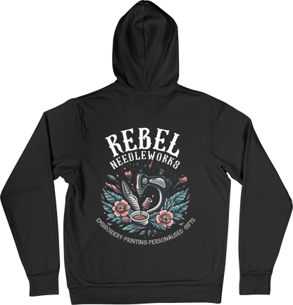 Rebel Needleworks black branded hoodie - alternative gothic merchandise UK