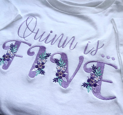 Rebel Needleworks floral embroidered kids birthday t-shirt - personalised birthday gift UK