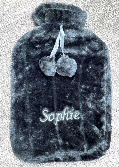 Rebel Needleworks personalised embroidered hot water bottle - custom plush knitted gift UK