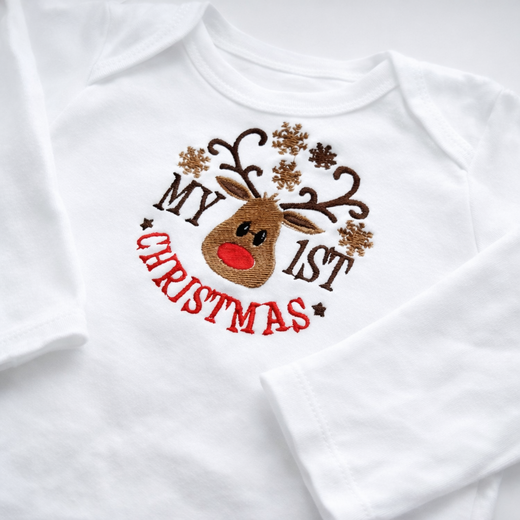 Custom reindeer first Christmas embroidered baby grow by Rebel Needleworks - personalised baby gift UK