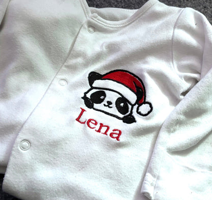 Rebel Needleworks personalised panda Christmas sleepsuit - embroidered baby gift UK