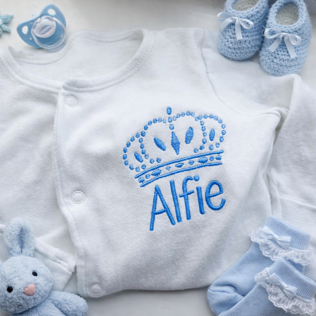 Custom crown embroidered sleepsuit by Rebel Needleworks - personalised baby gift UK