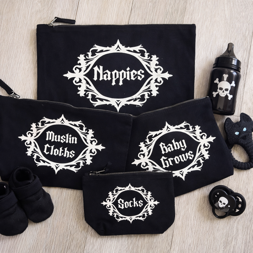 Black personalised baby stuff bags by Rebel Needleworks - custom baby bag set UK