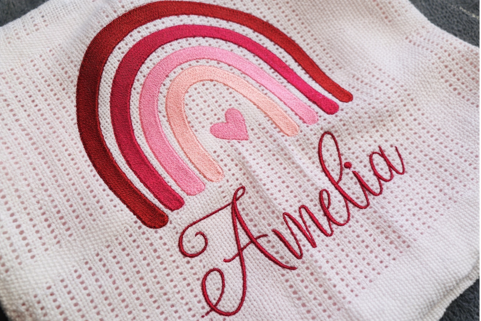 Personalised boho rainbow cellular baby blanket by Rebel Needleworks - custom embroidered baby gift UK