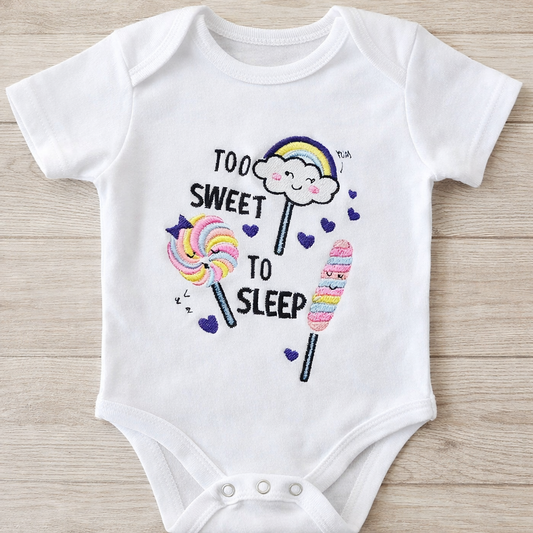 Too sweet to sleep embroidered baby grow by Rebel Needleworks - personalised cute baby gift UK