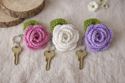 Cute handmade rose and leaf keyring by Rebel Needleworks - crochet bag charm UK