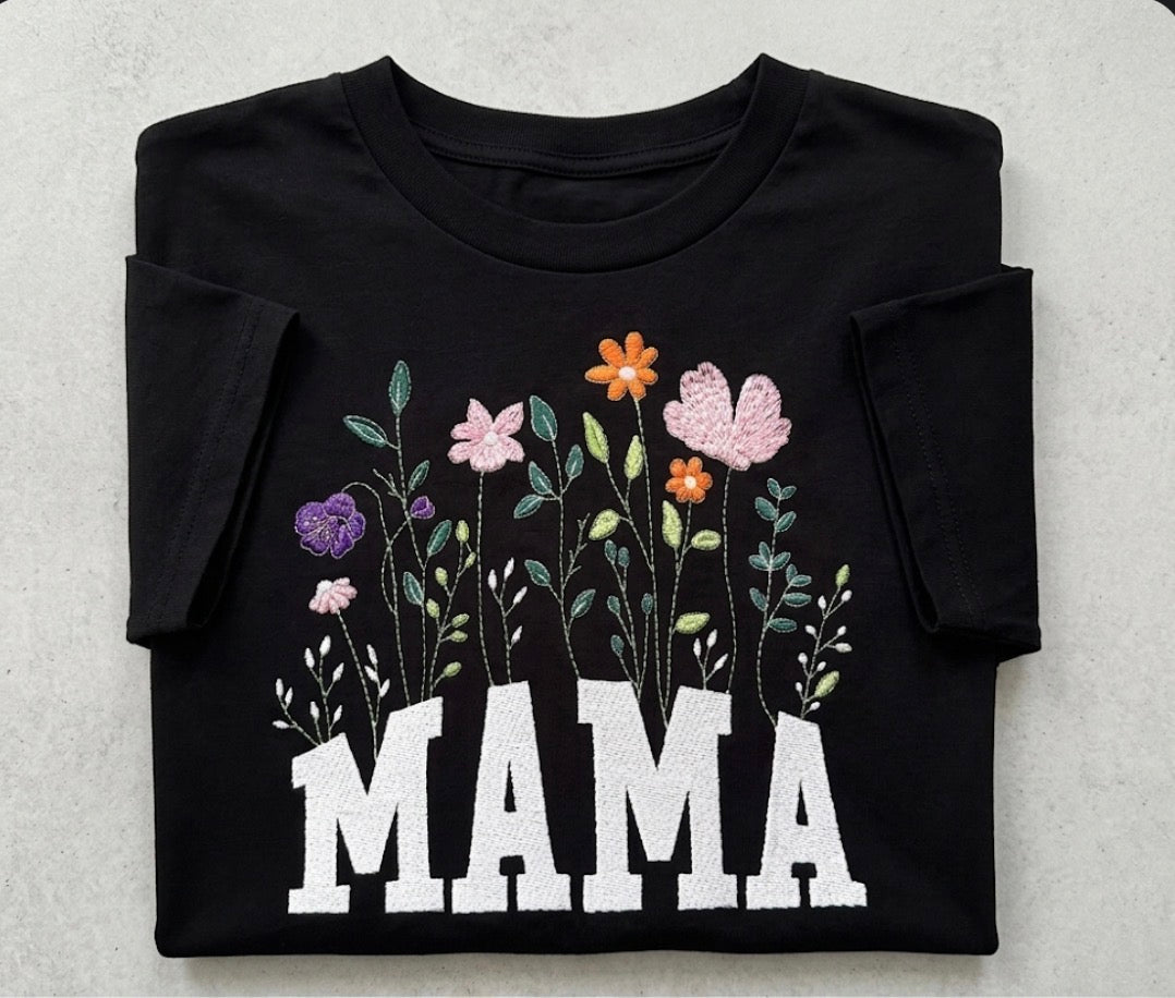 Embroidered MAMA flowers t-shirt by Rebel Needleworks - personalised mum gift top UK