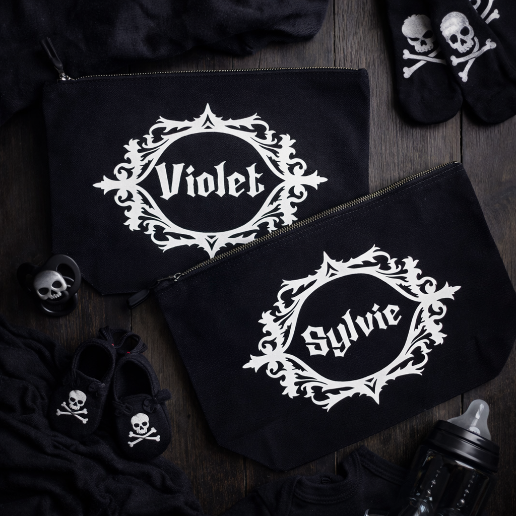 Custom black personalised baby bags by Rebel Needleworks - personalised baby gift set UK