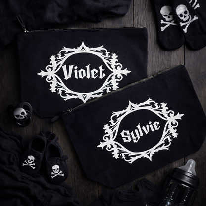 Custom black personalised baby bags by Rebel Needleworks - personalised baby gift set UK