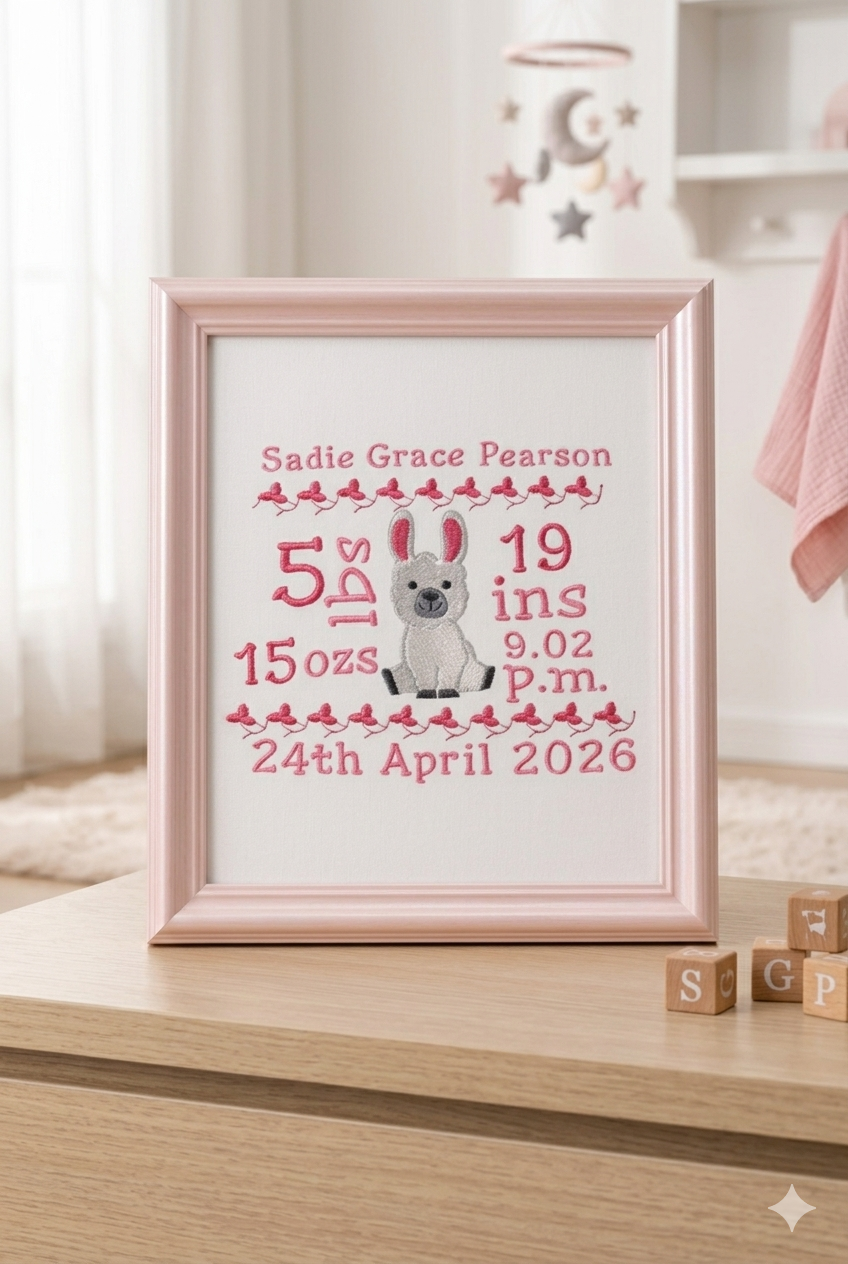 Framed baby milestone chart with text and a dog illustration on a wooden surface.