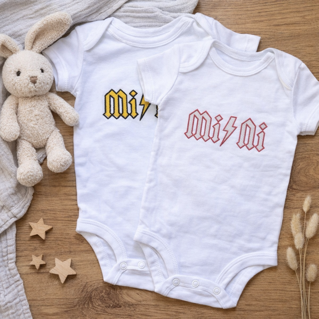 Custom MINI lightning bolt baby grow by Rebel Needleworks - personalised alternative baby gift UK