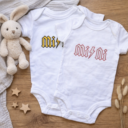 Custom MINI lightning bolt baby grow by Rebel Needleworks - personalised alternative baby gift UK
