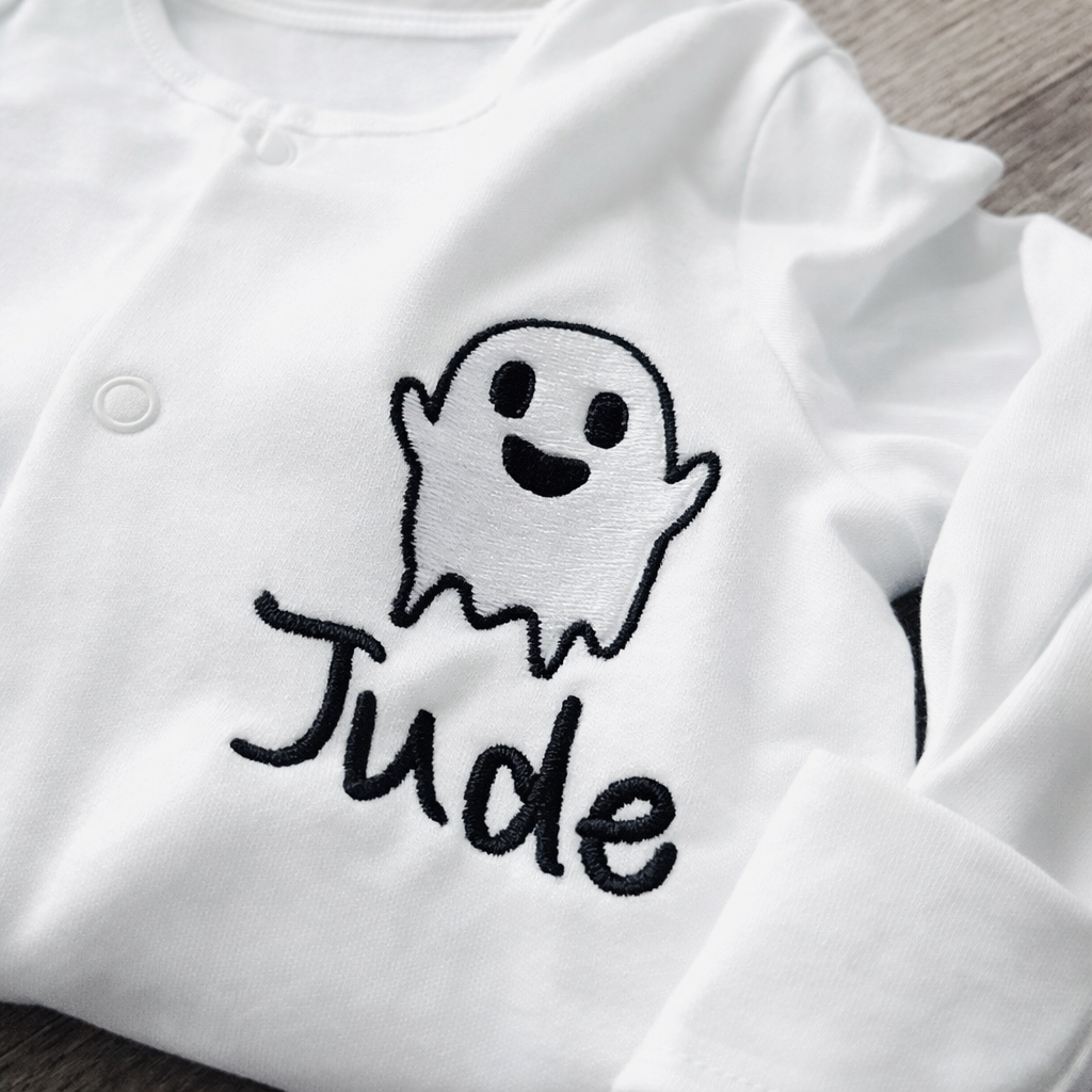 Rebel Needleworks personalised ghost embroidered sleepsuit - Halloween baby gift UK
