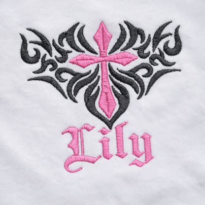 Custom gothic cross embroidered baby grow by Rebel Needleworks - personalised gothic baby gift UK