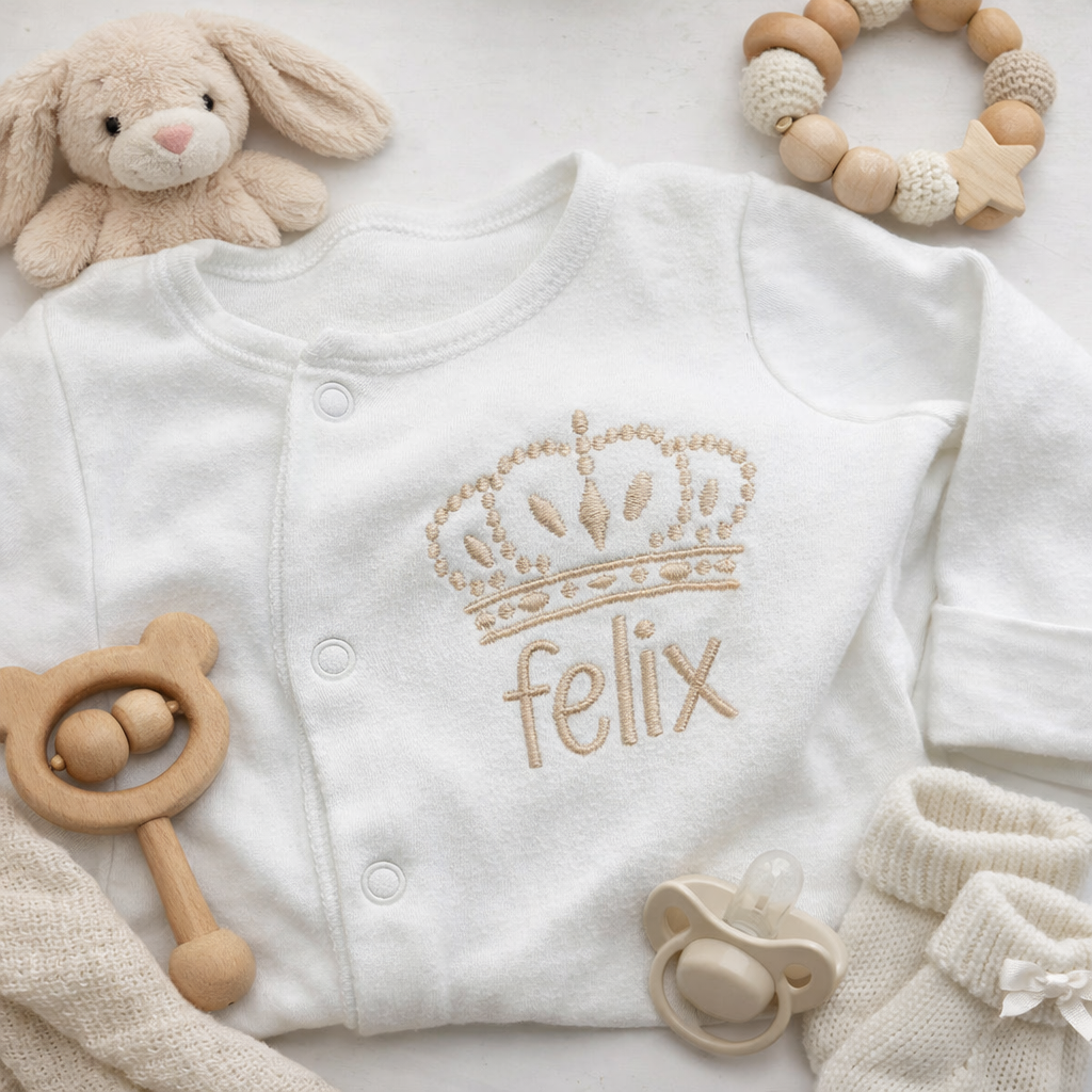 Rebel Needleworks personalised crown embroidered sleepsuit - custom baby gift UK