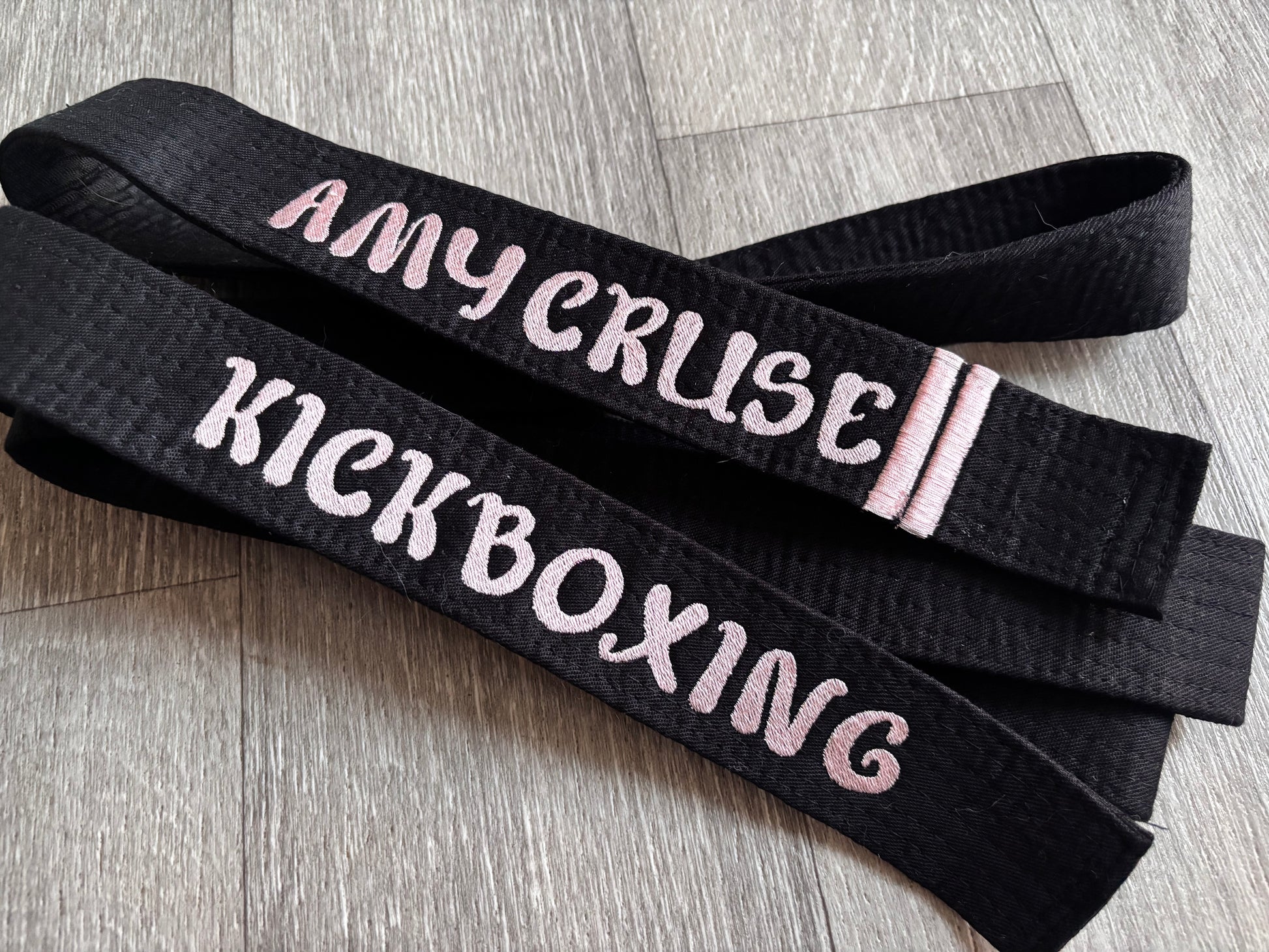 Rebel Needleworks custom embroidered martial arts belt - personalised karate judo gift UK
