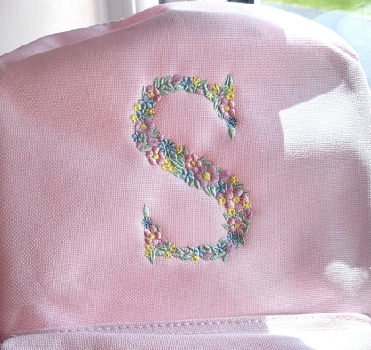 Rebel Needleworks personalised floral monogram backpack - custom embroidered kids nursery bag UK
