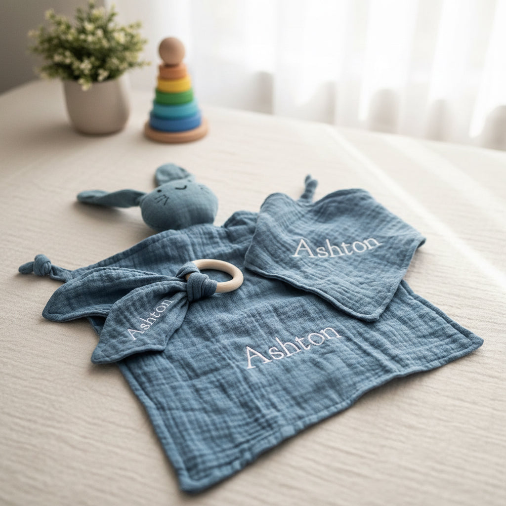 Rebel Needleworks bunny organic cotton comforter set - personalised baby shower gift UK