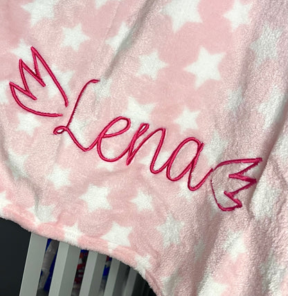 Personalised pink star baby blanket by Rebel Needleworks - custom embroidered newborn gift UK