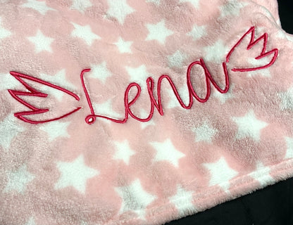 Custom blue star personalised baby blanket by Rebel Needleworks - embroidered newborn gift UK