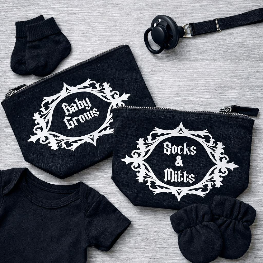 Rebel Needleworks personalised black baby stuff bags - custom baby gift set UK