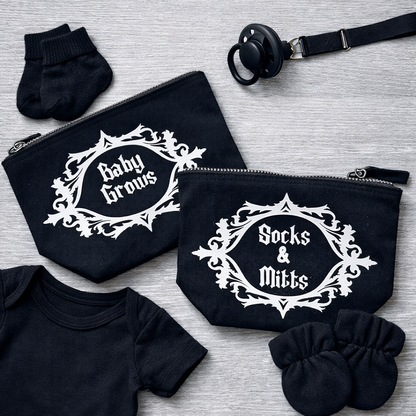 Rebel Needleworks personalised black baby stuff bags - custom baby gift set UK