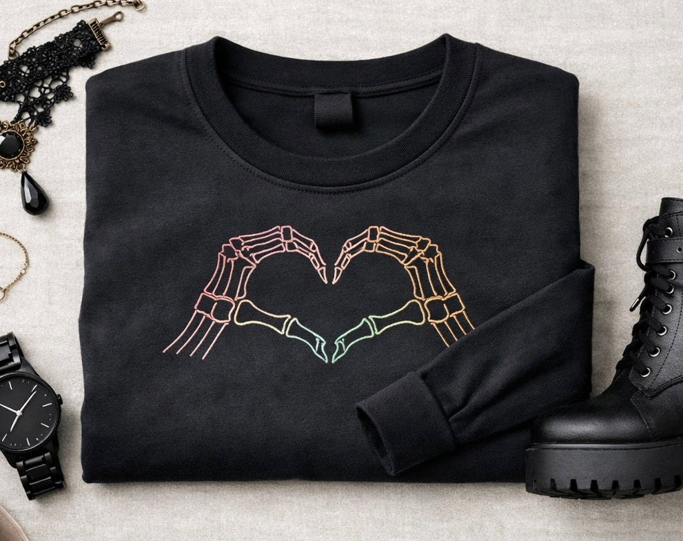 Gothic glow in the dark skeleton heart long sleeve top by Rebel Needleworks - alternative clothing UK