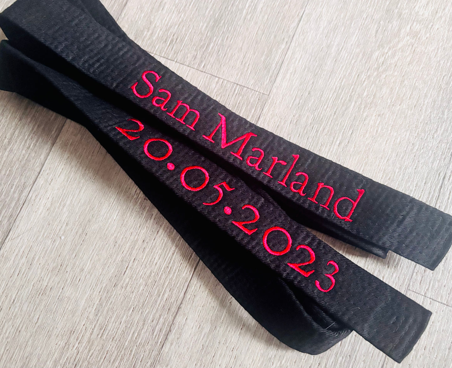 Rebel Needleworks personalised embroidered karate belt - custom martial arts gift UK