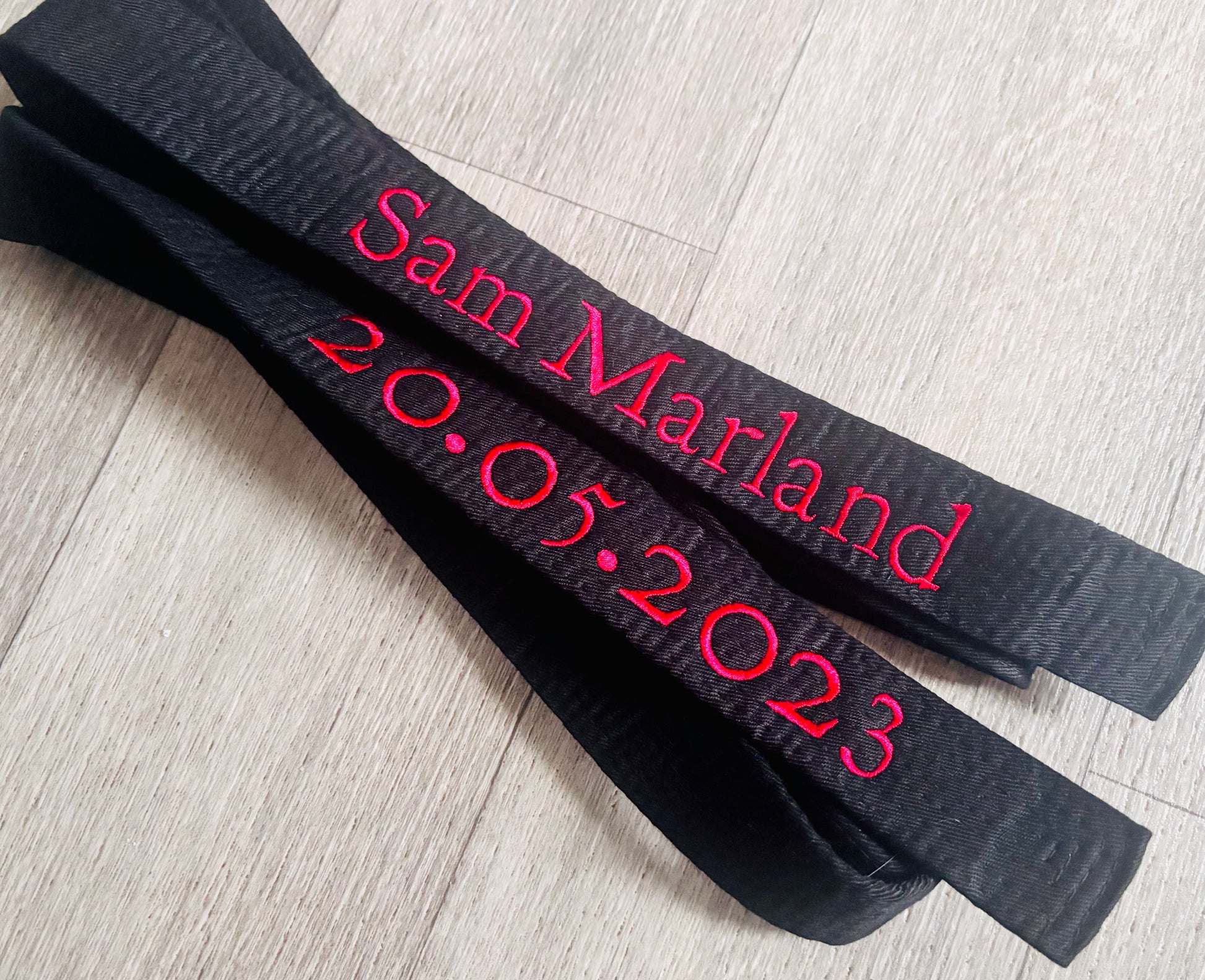 Rebel Needleworks personalised embroidered karate belt - custom martial arts gift UK