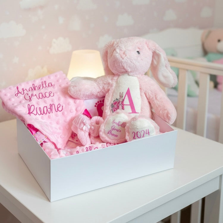 Baby personalised gift set by Rebel Needleworks - custom newborn baby shower gift box UK