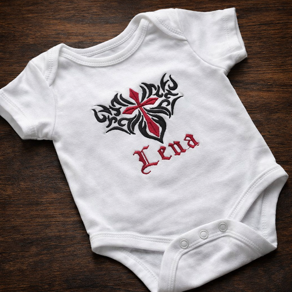Rebel Needleworks gothic cross personalised baby grow - alternative embroidered baby gift UK