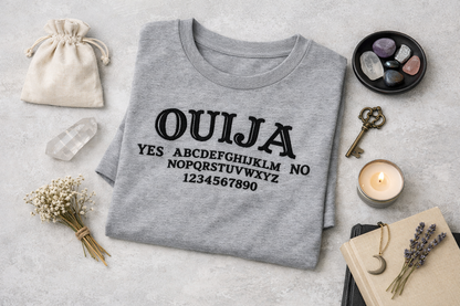 Custom ouija embroidered t-shirt by Rebel Needleworks - gothic alternative top UK