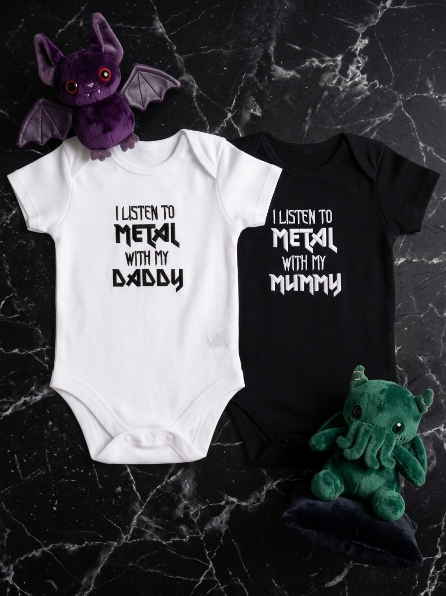 Two baby bodysuits, one white and one black, embroidered with the text 'I LISTEN TO METAL WITH MY DADDY' and 'I LISTEN TO METAL WITH MY MUMMY' respectively. They are displayed on a black marble background with a purple bat plush toy and a green monster plush toy.