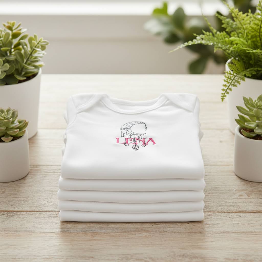Custom dreamcatcher embroidered baby grow by Rebel Needleworks - personalised boho baby gift UK