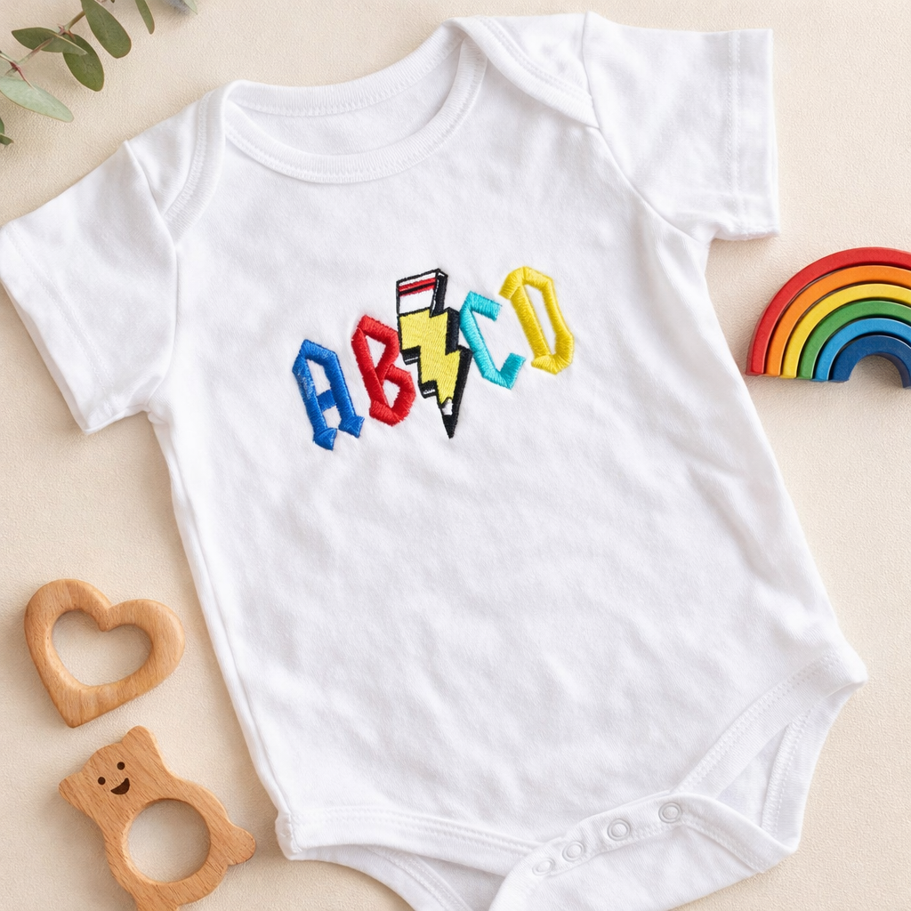 ABCD embroidered baby grow by Rebel Needleworks - personalised alphabet baby onesie gift UK