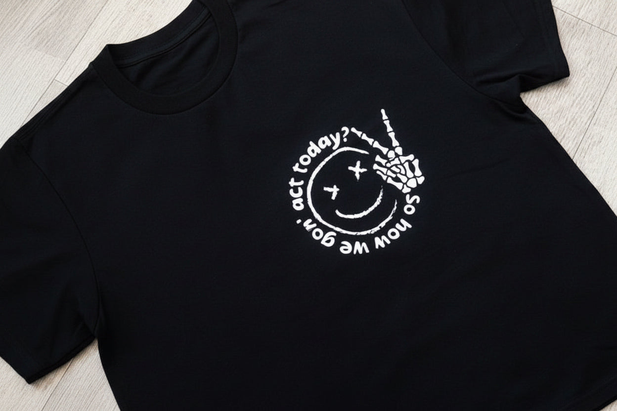 Custom how we gonna act print tee by Rebel Needleworks - alternative funny top UK