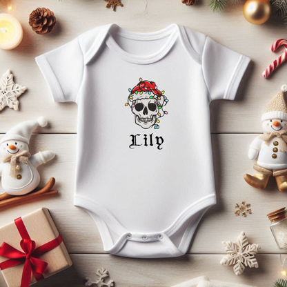 Christmas skull personalised embroidered baby grow by Rebel Needleworks - gothic festive baby gift UK