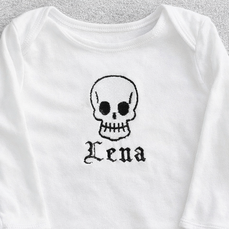 Custom skull embroidered personalised baby wear by Rebel Needleworks - gothic baby gift UK